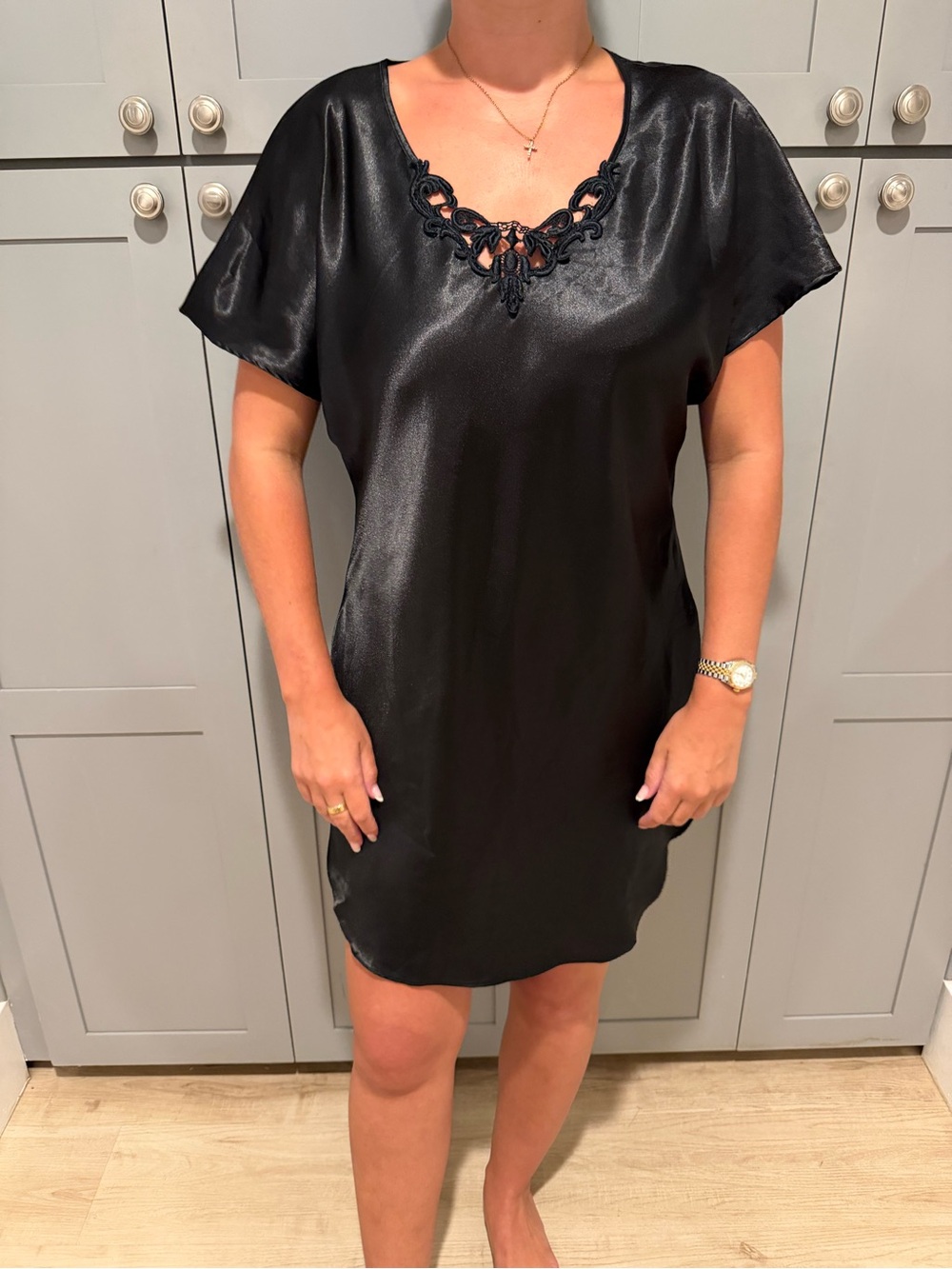 Vintage 80s/90s Dentelle Black vintage satin slip mini dress with lace trim